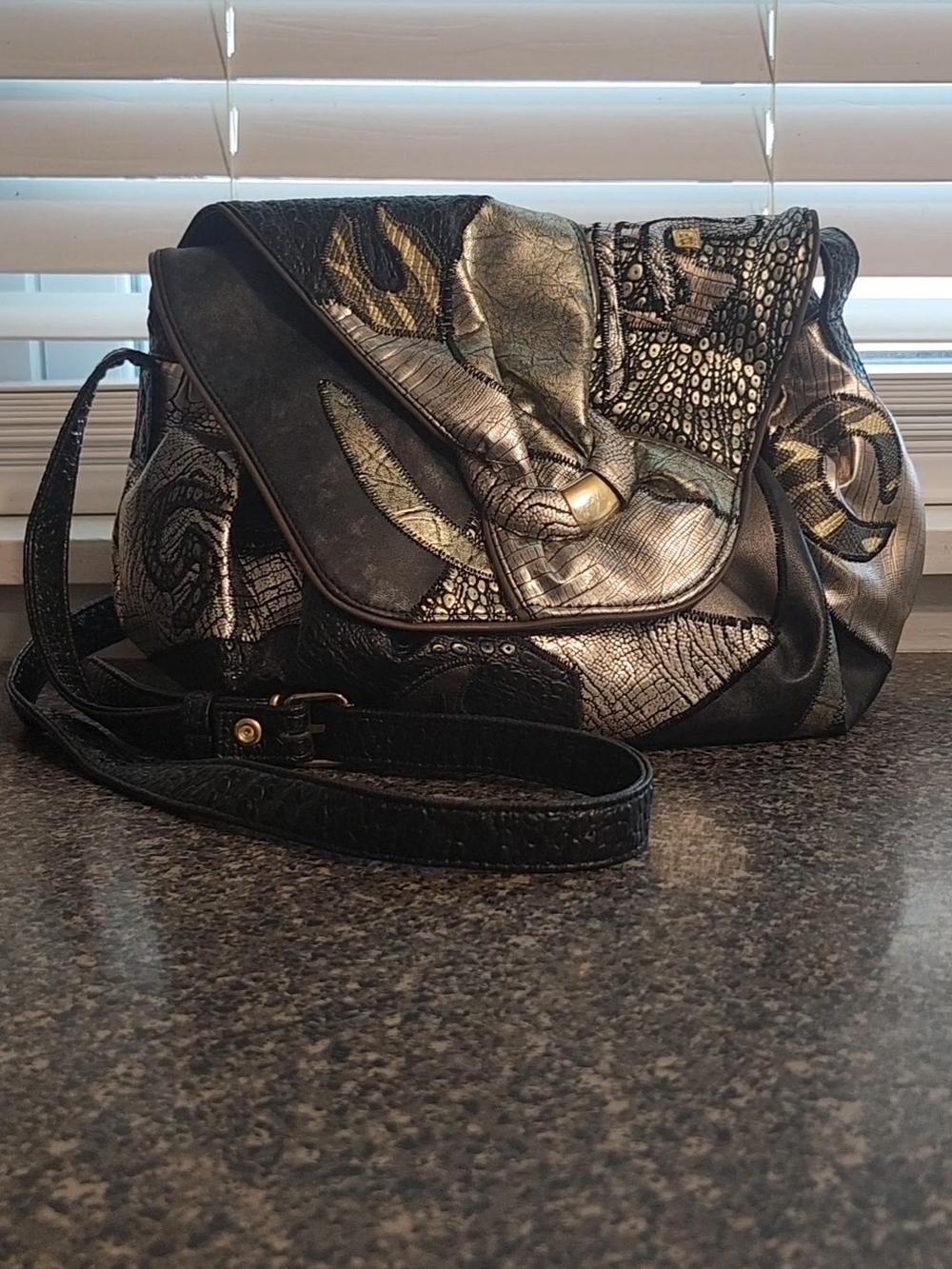 NAS Metallic Black & Silver Vintage Patchwork Crossbody Bag